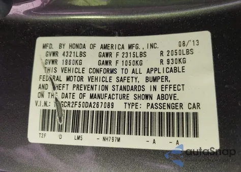 2013 Honda Accord Sport z USA, uszkodzony, nr VIN 1HGCR2F50DA267089